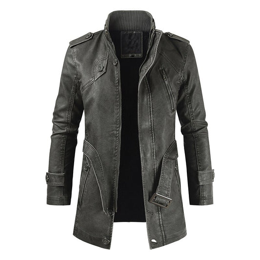 Trendy casual men's mid-length slim-fit cold-proof leather jacket