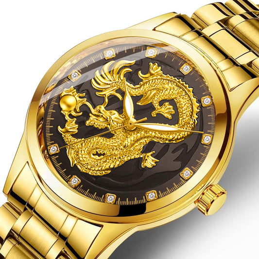 Classic Chinese Style Embossed Golden Dragon Watch