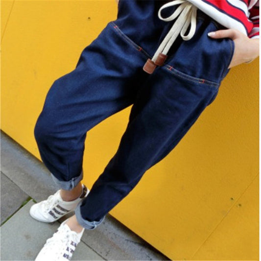 Elastic Waist Leather Rope Fashion All-match Thin Wash Jeans