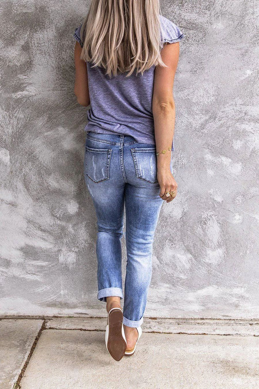 Ripped Retro Full-Jet Stretch Small Straight Jeans