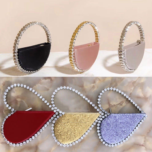 Middagstaske med diamantbesætning og diamantbesat hjerteformet clutch