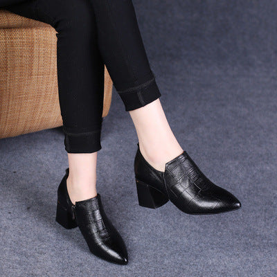 Deep Mouth Pointed Toe Spring Casual Shoes All-Match Mid-Heel Small Leather Shoes