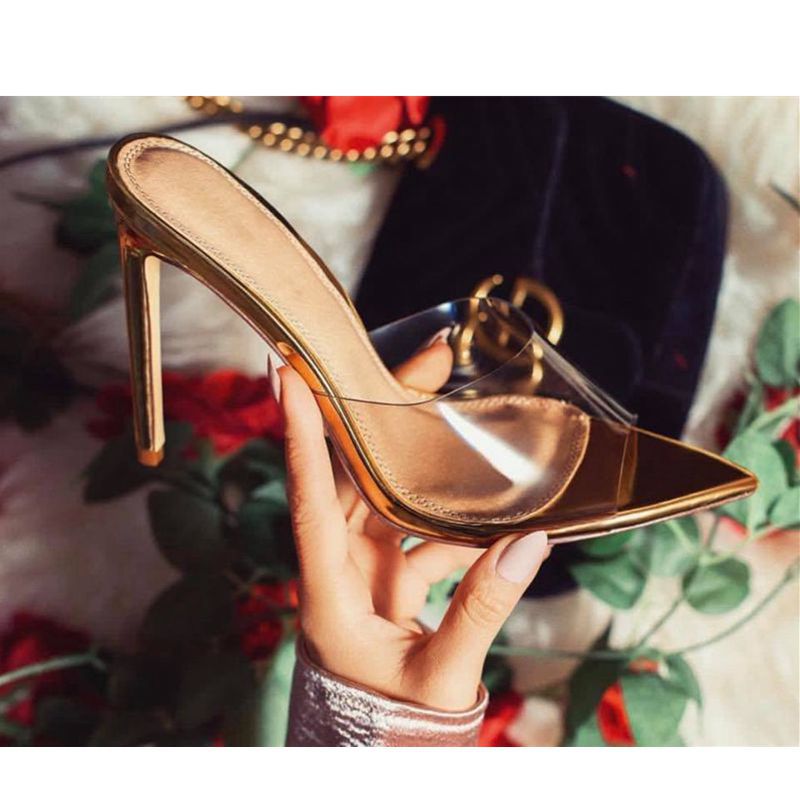 Pointed Transparent Golden Retro Dtiletto Dandals And Slippers