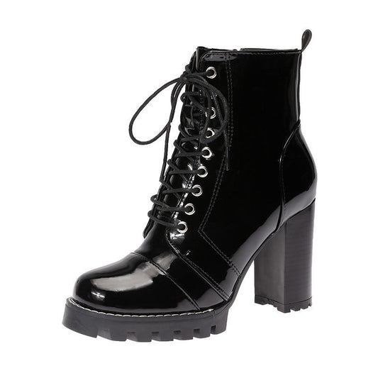 Women's High-Heeled Round Toe Thick-Heeled Platform Lace-Up Martin Boots