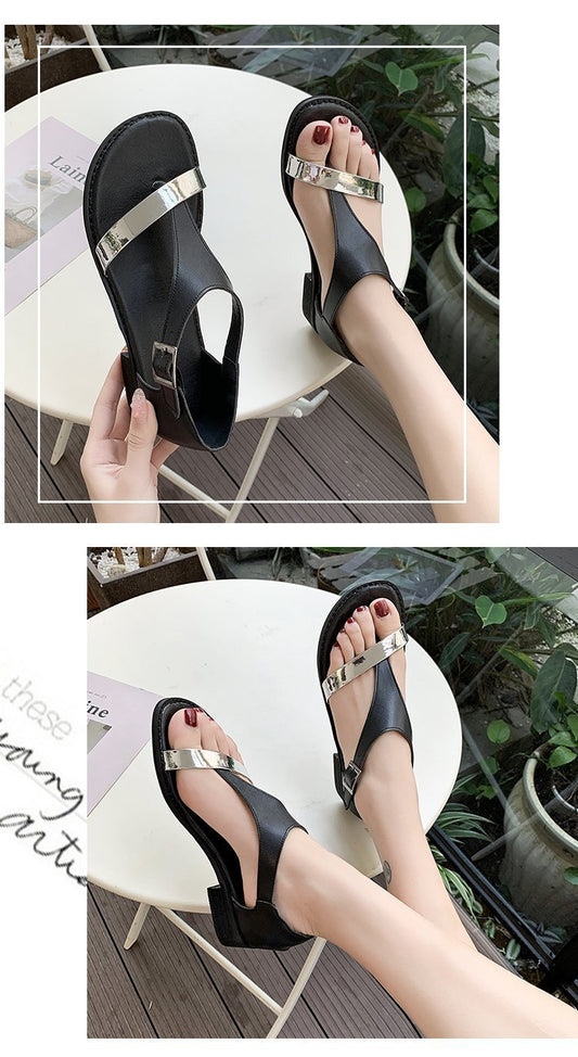 Summer Bohemian Buckle Women's Shoes Color-Blocking Flat-Heeled Round-Toe Slippers