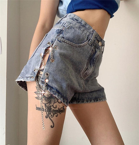 Side Slit Chain Hollow Denim Shorts Women's High Waist Was Thin and Versatile