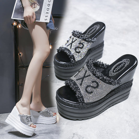 Platform Sandals And Slippers With Wedge Heel And Rhinestones