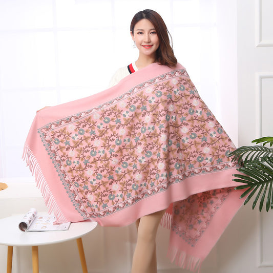 Embroidered Shawl Warmth And Thick Fringed Cashmere Scarf