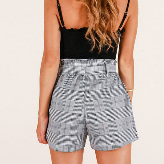 Ladies Plaid Elastic Belt Pocket Cotton Linen Shorts