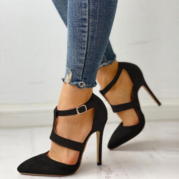 High-Heel Pointed Toe Bag-Heel Hollow Buckle Sandals