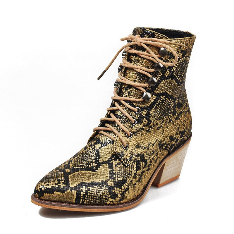 European And American Thick Heel Sexy Snake Print Ladies Short Boots