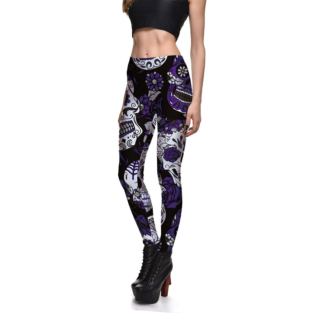 Fashionable Ladies Multicolor Skull Digital Printing Bottoming Cropped Trousers