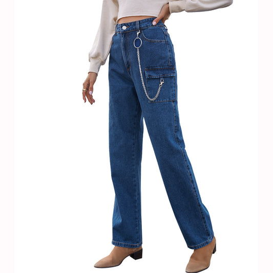 Spring New Amazon Cross-Border Women's European And American INS Fashion Pocket Chain Denim Straight Trousers