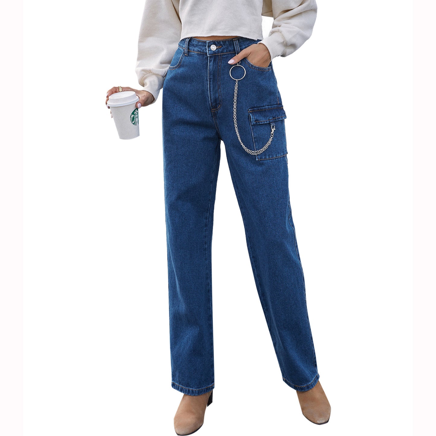 Spring New Amazon Cross-Border Women's European And American INS Fashion Pocket Chain Denim Straight Trousers