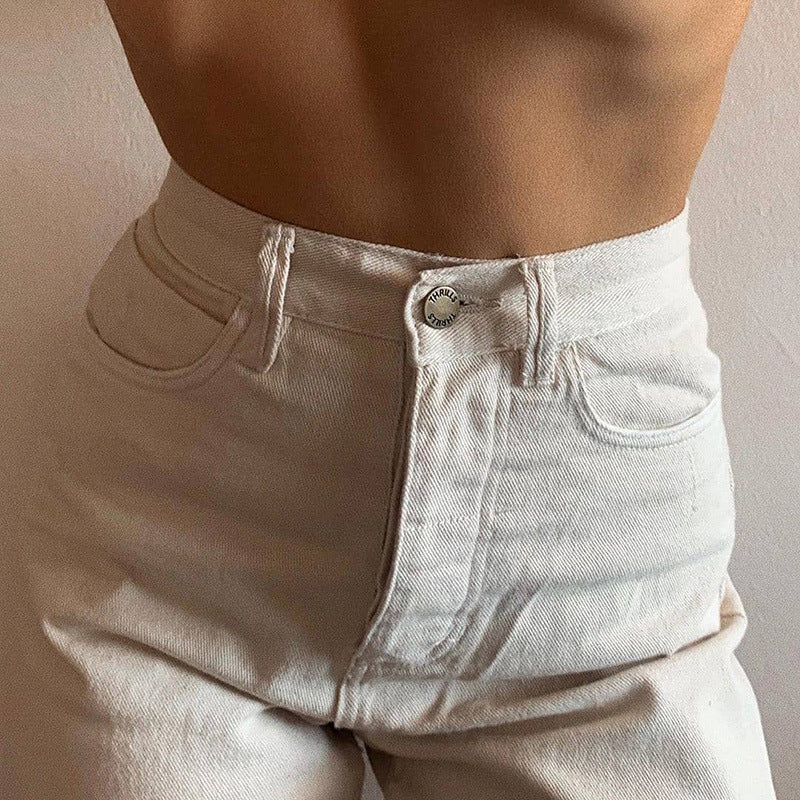 High-waisted Cotton Street Straight-leg Gray Casual Pants