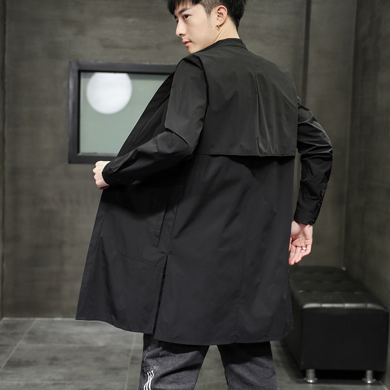 Retro Fashion Solid Color Casual Stand Collar Mid Length Windbreaker Jacket Men's Jacket