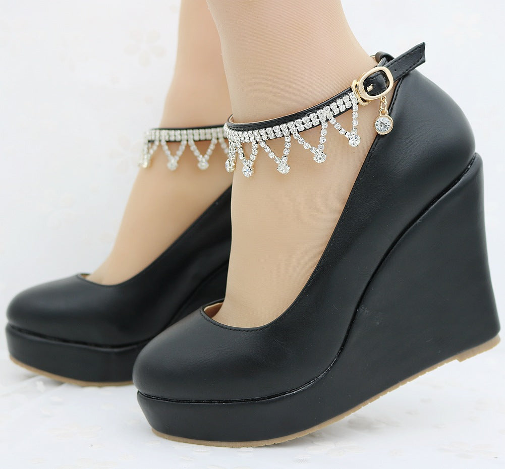 One Word Buckle Wedge Shoes With Rhinestone Wrist Strap Waterproof Platform Round Toe Shoes