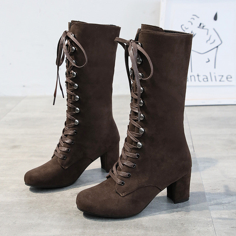 European and American High-tube Suede Thick Heel Lace-up Women's Boots