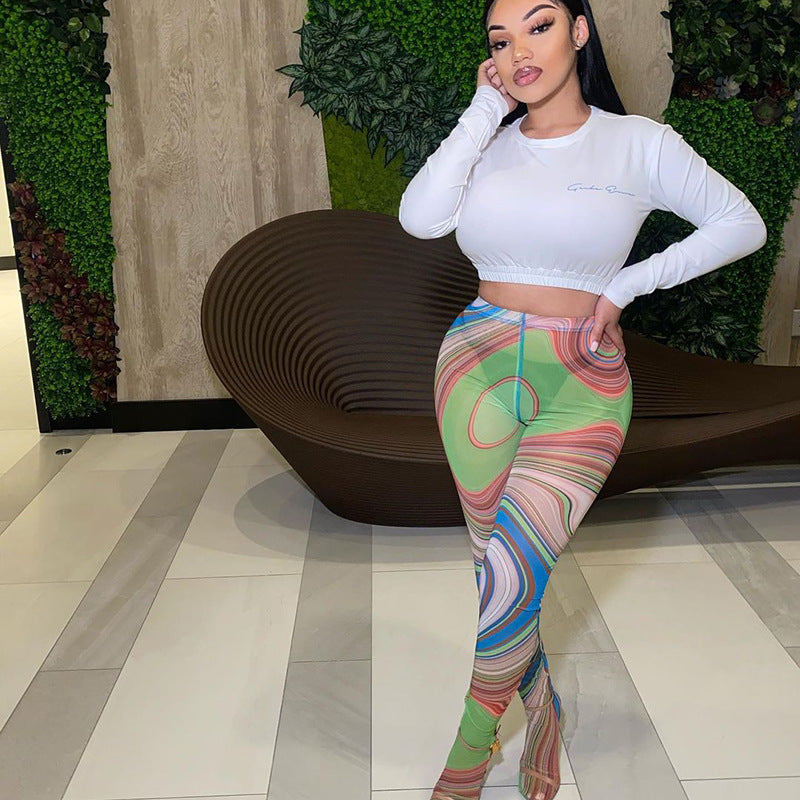 Swirl Print Stitching Slim Color Trousers