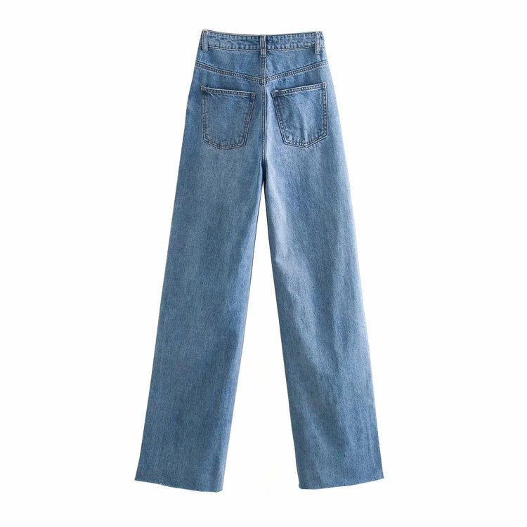 High Waist Slim Stitching Denim Wide-leg Pants