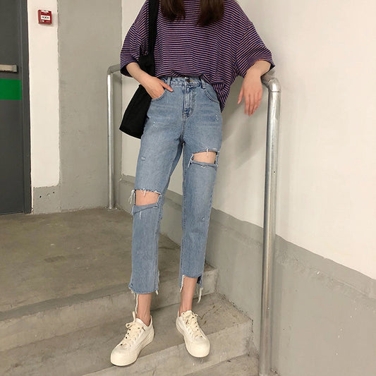 Ripped Jeans Washed Cropped Trousers