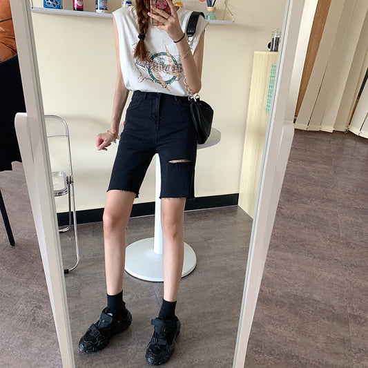 Straight-Leg Ripped Denim Shorts Hot Pants