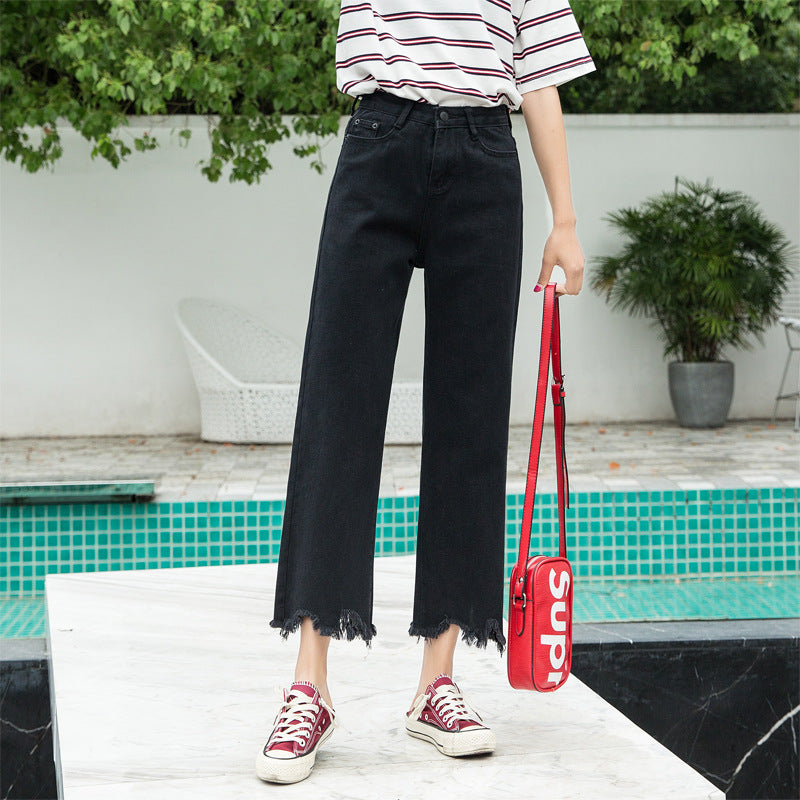 High-waist Denim Cropped Straight-leg Pants