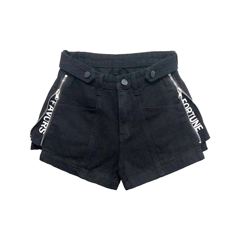 Personalized Side Zipper Letter Split Denim Shorts Women's All-Match Hot Pants