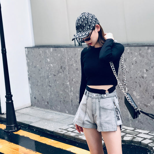 Personalized Side Zipper Letter Split Denim Shorts Women's All-Match Hot Pants