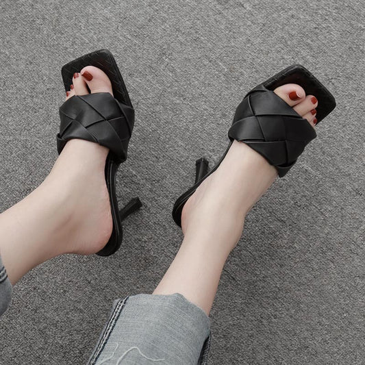Summer Fashion Square Toe Open Toe Woven Personality High Heel Sandals And Slippers Women