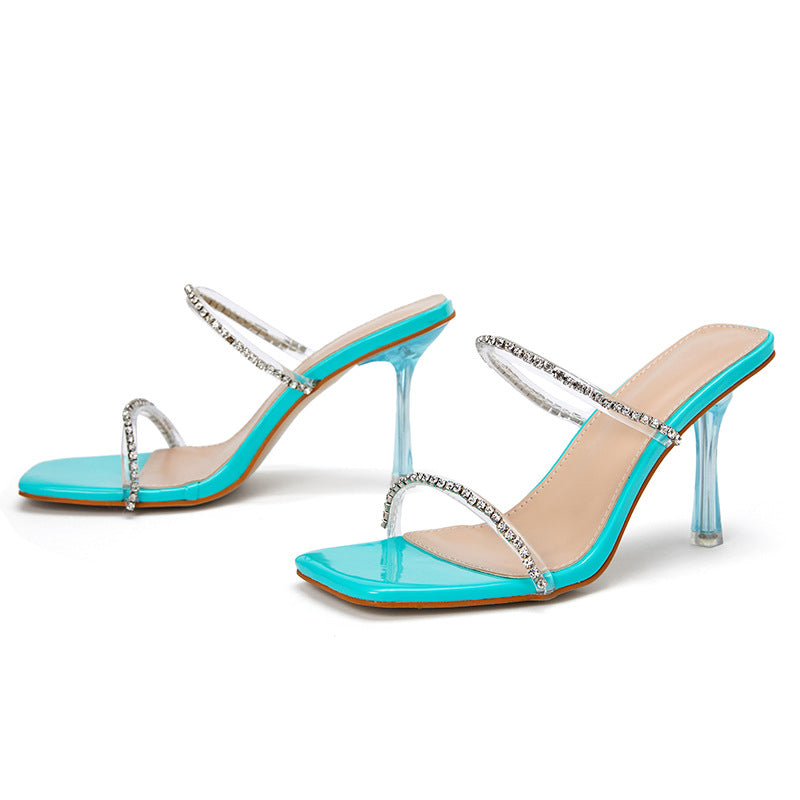 Foreign Trade New Style Women's Shoes Transparent Rhinestone Square Head Thin Belt Word High-Heel Slippers Yxb180-1