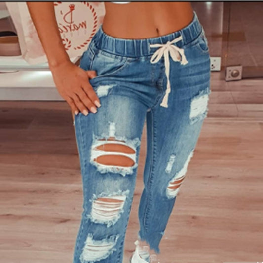 High-waist Lace-up Slim-fit Stretch-leg Trousers Ripped Denim Trousers