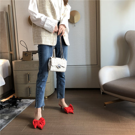 Personalized Polka Dot Fashion Trendy Women's Sandals Satin Bow Pointed Toe Slippers