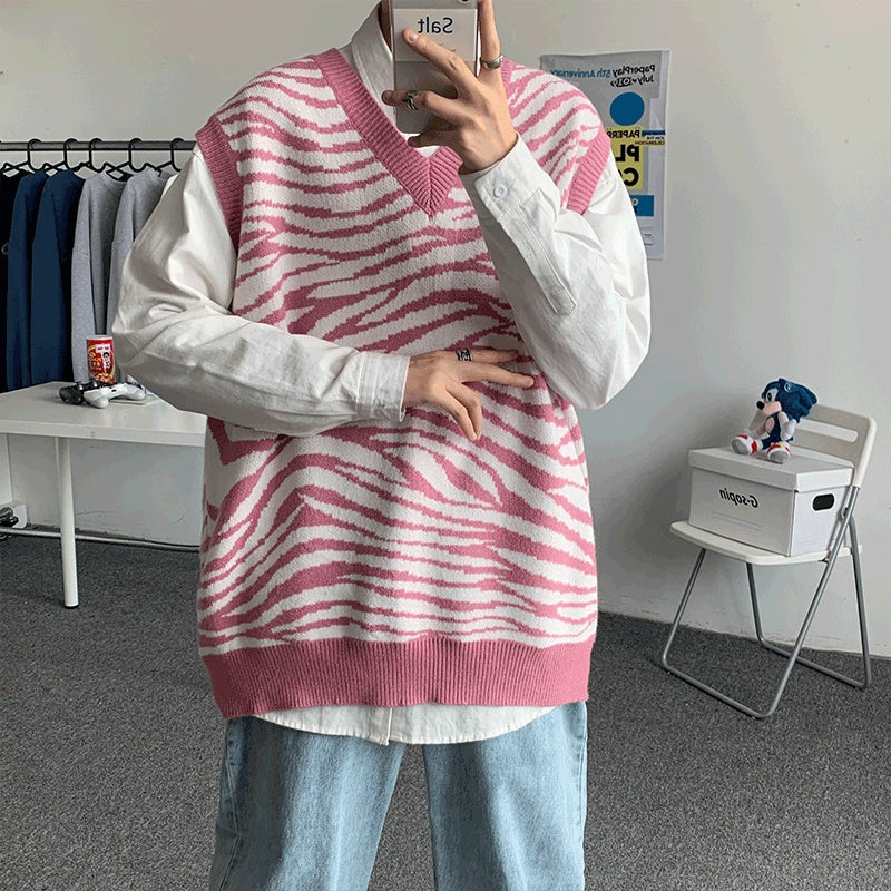 Zebra Pattern Sweater Vest Men's Loose Tide Brand Knitted Vest Trendy Personality V-neck Sleeveless Jacket