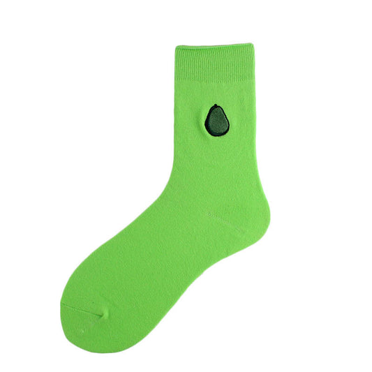 Cotton Ins New Pile Socks Green Avocado Embroidery in Tube Women's Socks