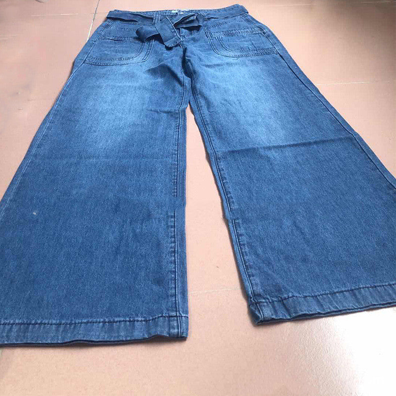 Jeans Lace-up Washed Denim Wide Leg Pants