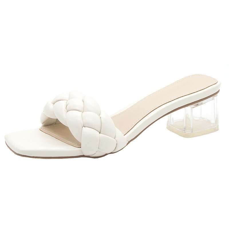 Women's Mid-heel Slippers With Woven Square Toe Sandals