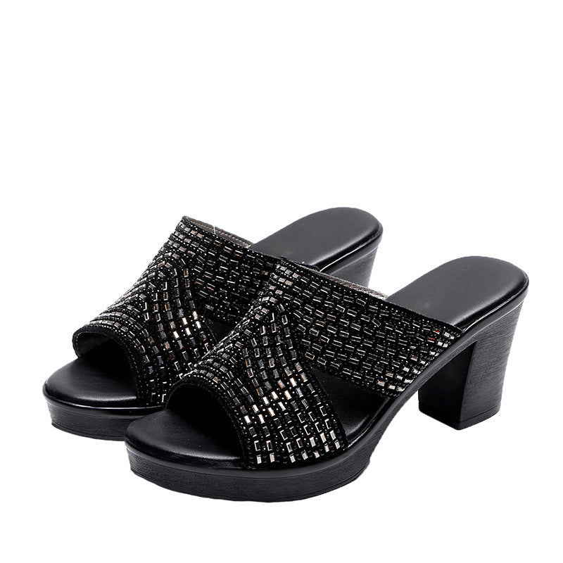 Summer Casual Fashion Outer Wear Rhinestone Platform Thick Heel Platform High Heels