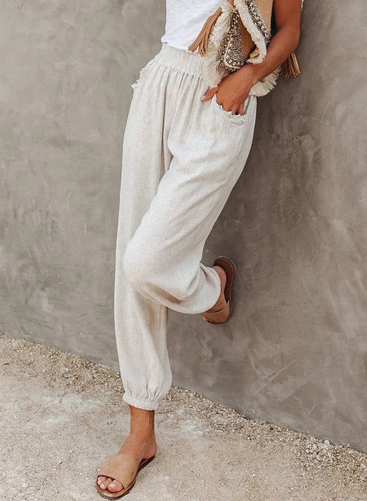 Solid Color Loose Pocket High Waist Cropped Trousers
