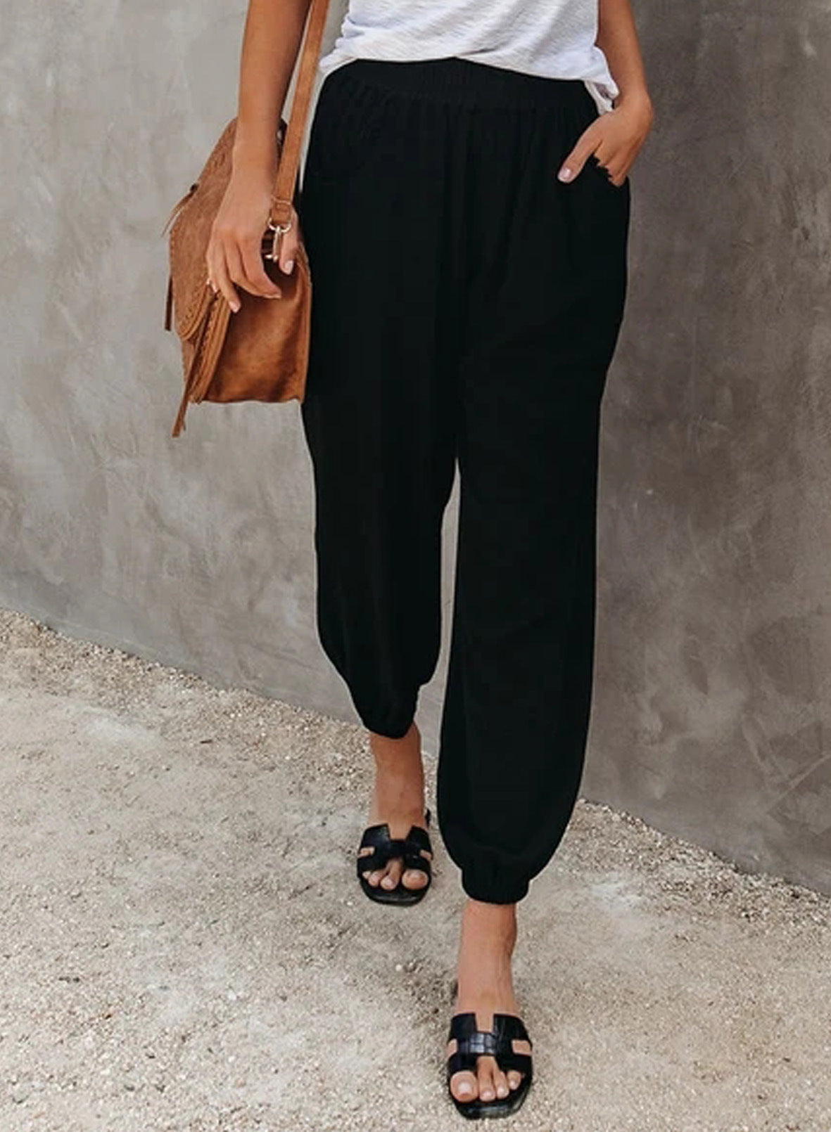 Solid Color Loose Pocket High Waist Cropped Trousers