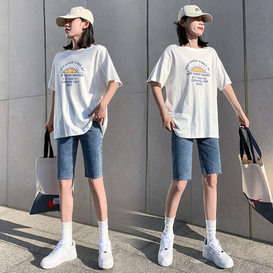 Women's High Waist Slim Senim Five-point Shorts