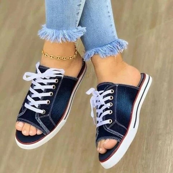 Fish Mouth Denim Canvas Lace Up Casual Sandals And Slippers