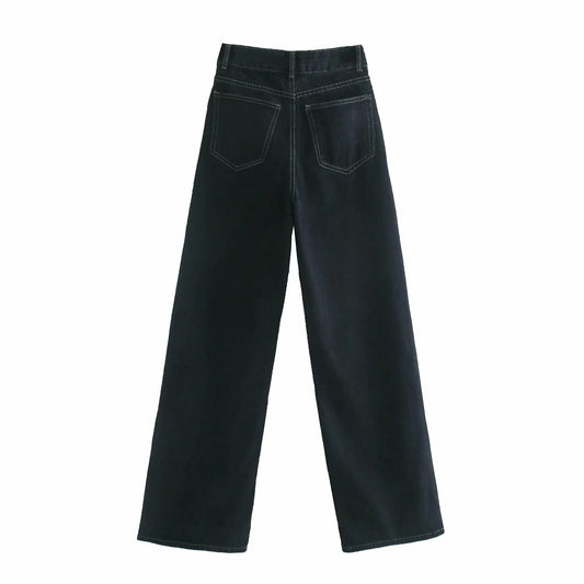 High Waist Slim Wide Leg Straight Denim Trousers