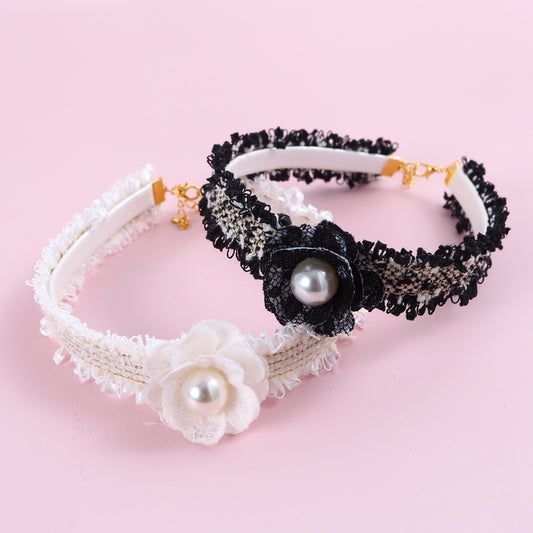 Hand-Woven Small Fragrant Wind Camellia Pu Adjustable Cat Fairy Collar Bell Pearl Flower Pet Bib