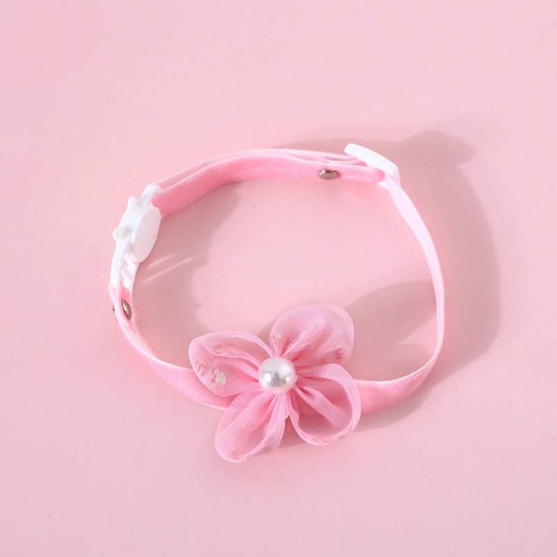 Pet Handmade Lace Sequin Bow Pearl Flower Adjustable Fairy Cat Dog Bow Tie Collar Safety Buckle