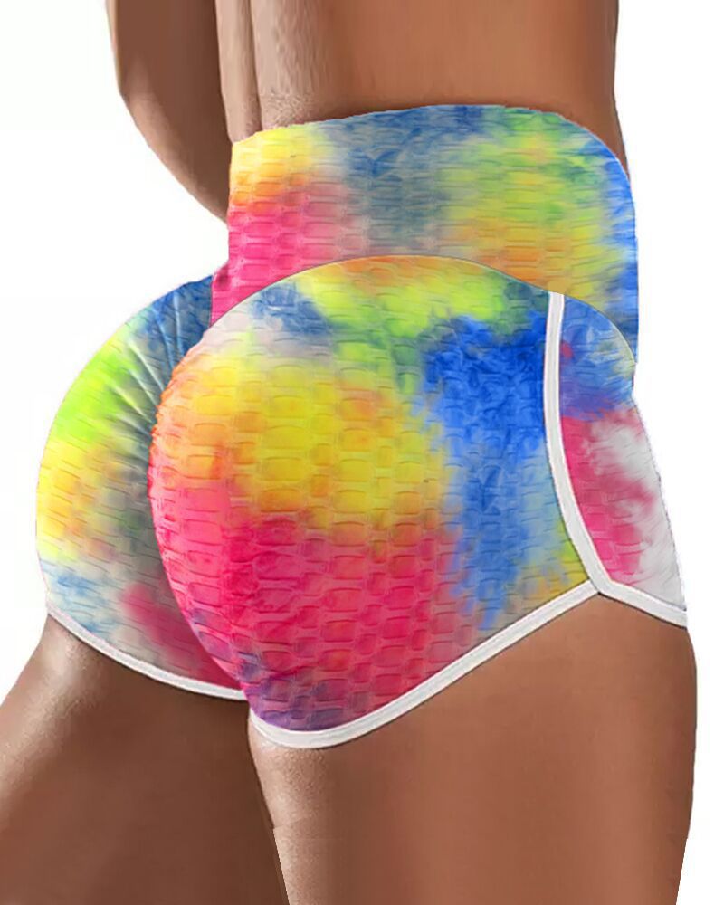 Tie-dye Printed High-waist Color-blocking Yoga Shorts In Europe And America