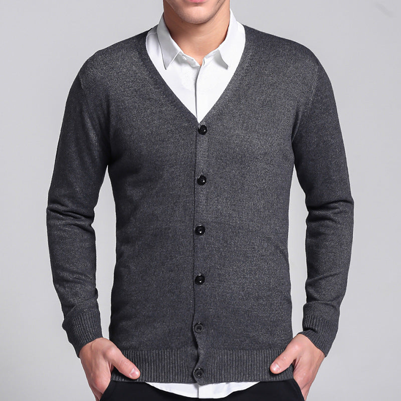 Strikket cardigan til mænd, V-hals, ensfarvet, tynd sweater