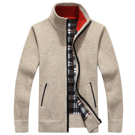 Cardigan lynlåstrøje, tyk, plus fleece, standkrave, herre, løs
