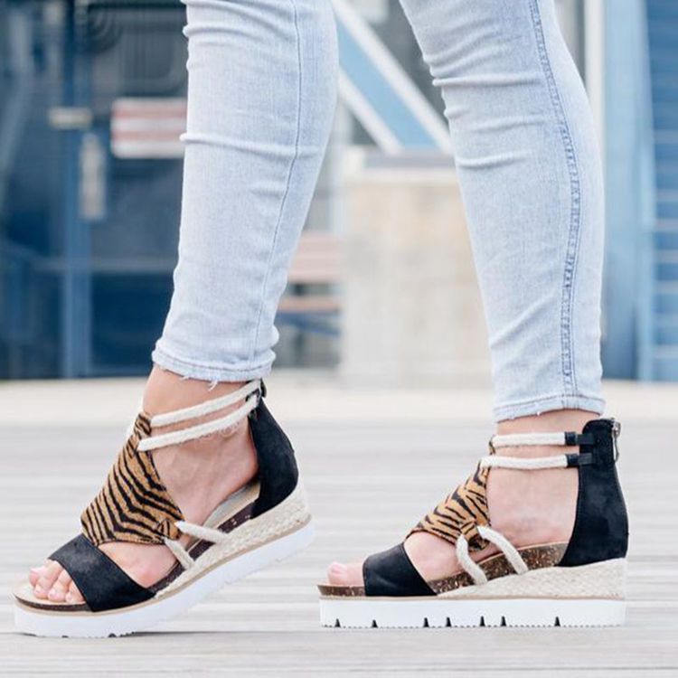 Round Toe Flat Wedge Heel Rhinestone Fish Mouth Sandals