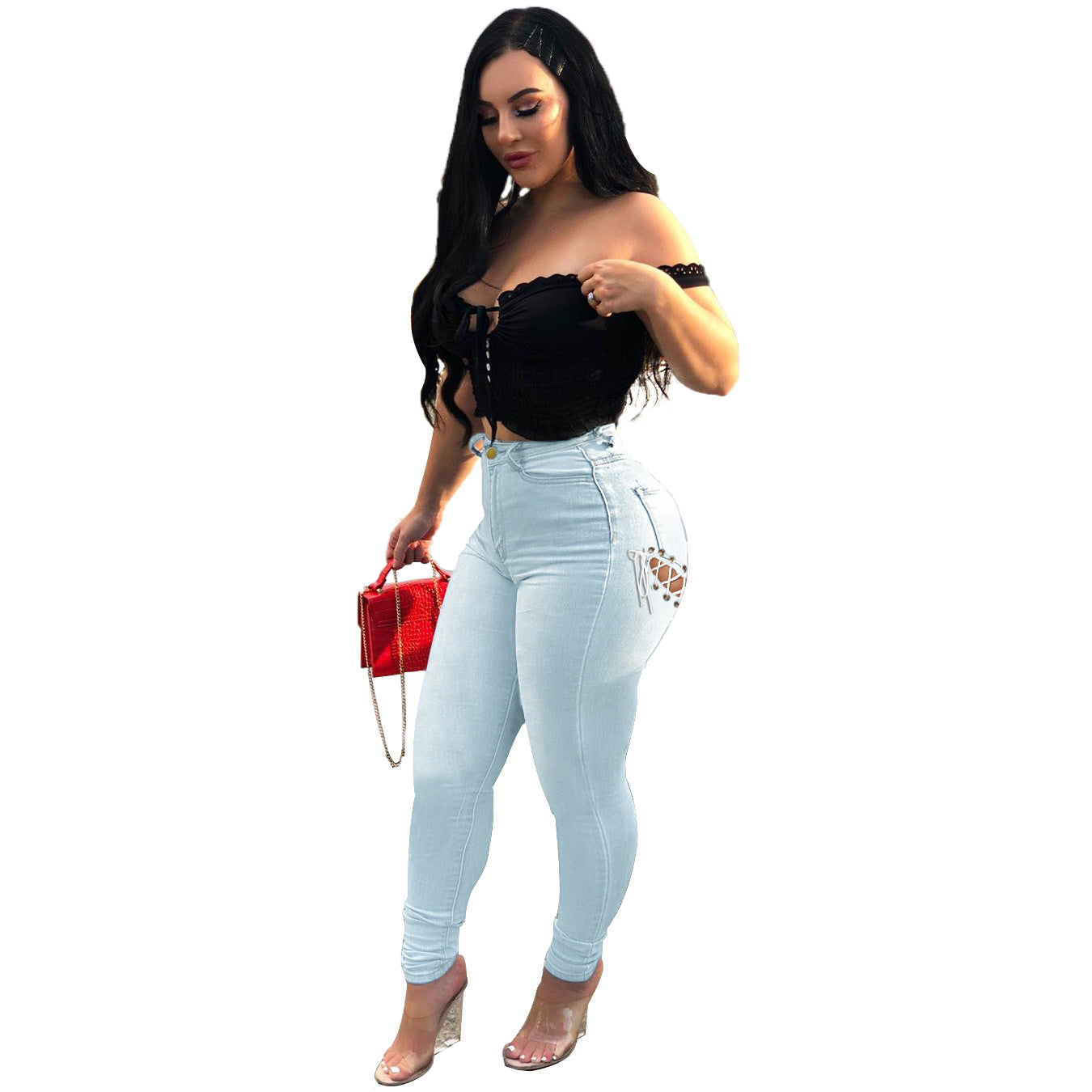 Eyelet Strap Jeans Slim Slimming Pants